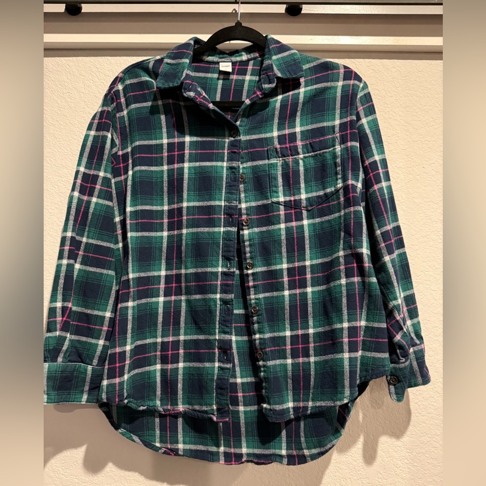 Old Navy Green and Pink Plaid Flannel Button Down Shirt